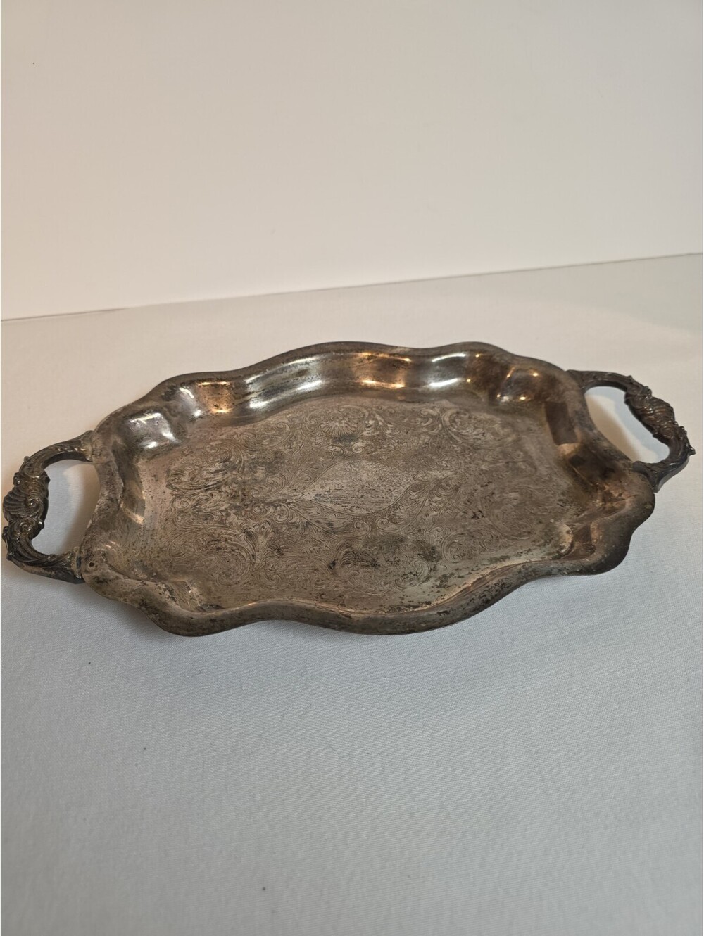 Vtg Fina Silver Plated Copper Tray Scalloped Vanity Platter Bleeding Patina
